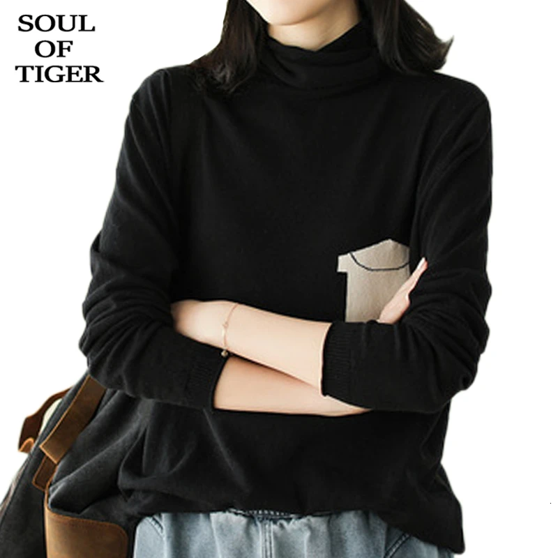 SOUL OF TIGER 2019 England Style Ladies Knitted Pullovers Womens Vintage Printed Sweaters Winter Turtleneck Thick Warm Jumpers | Женская