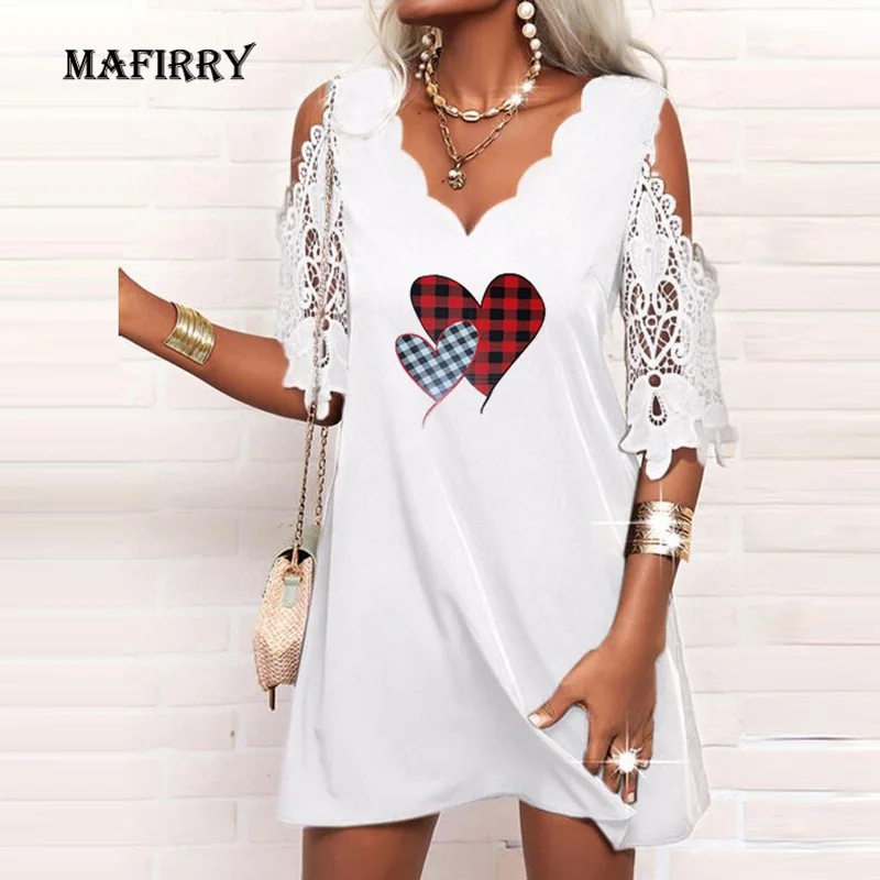 

Женское короткое платье с кружевным рукавом, элегантное Свободное платье с V-образным вырезом и принтом в виде сердечек, уличная одежда для ...