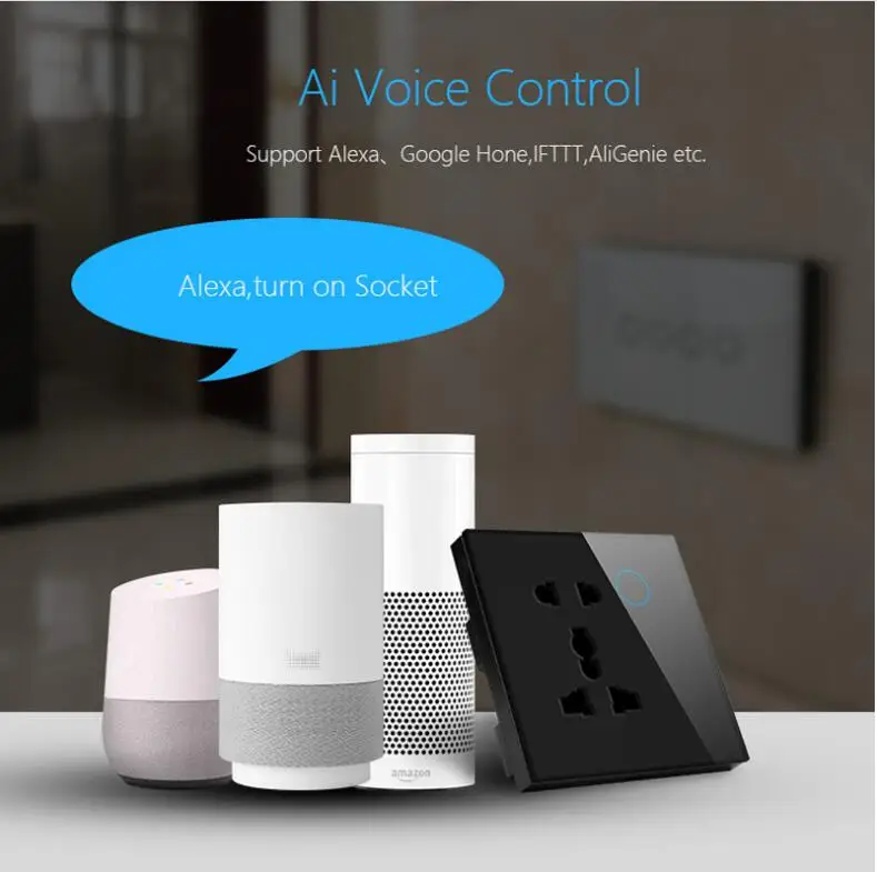 

UK 5 pin wifi UK socket 86*86*38MM,Crystal tempered glass panel WIFI Socket,compatible google,alexa smart wall socket