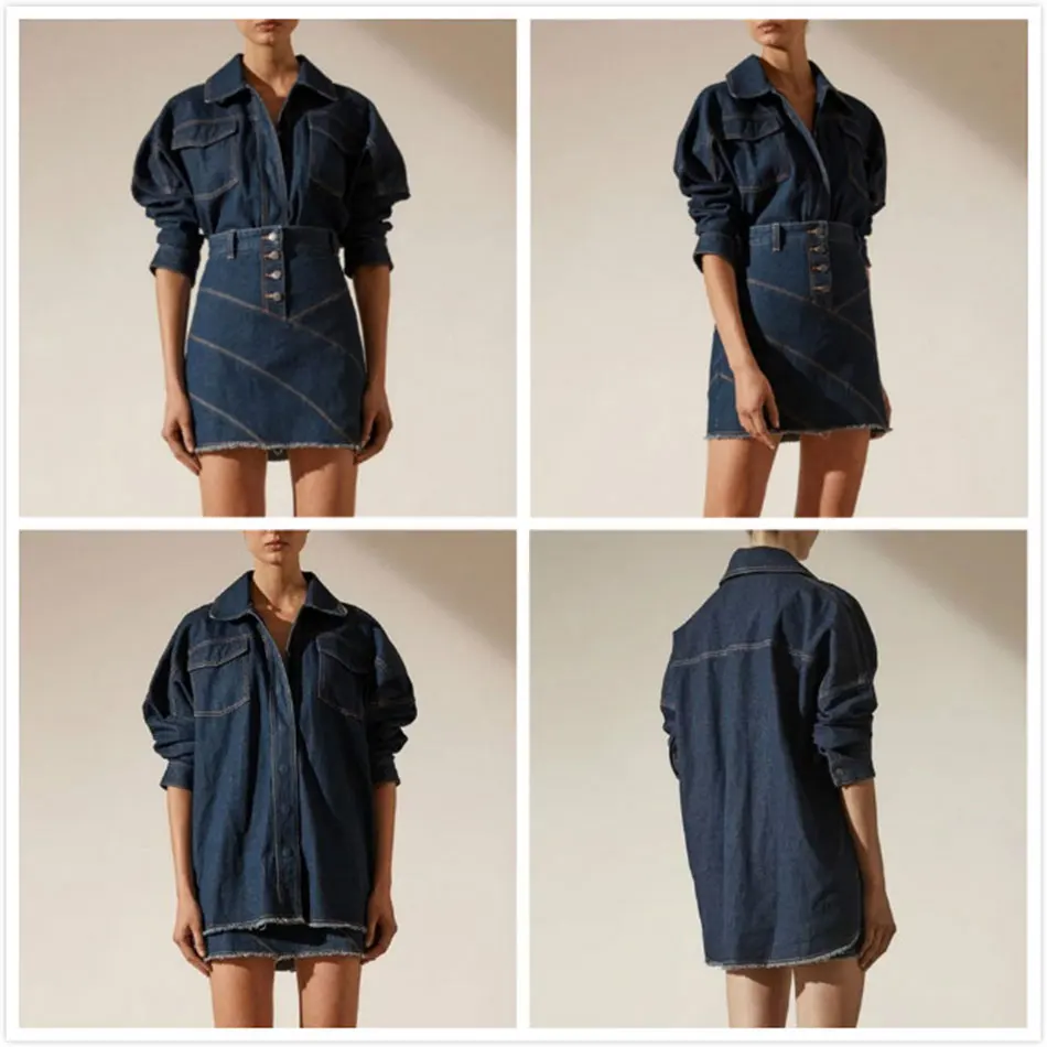 Новинка 2020 Модный женский джинсовый комплект с лацканами длинный рукав