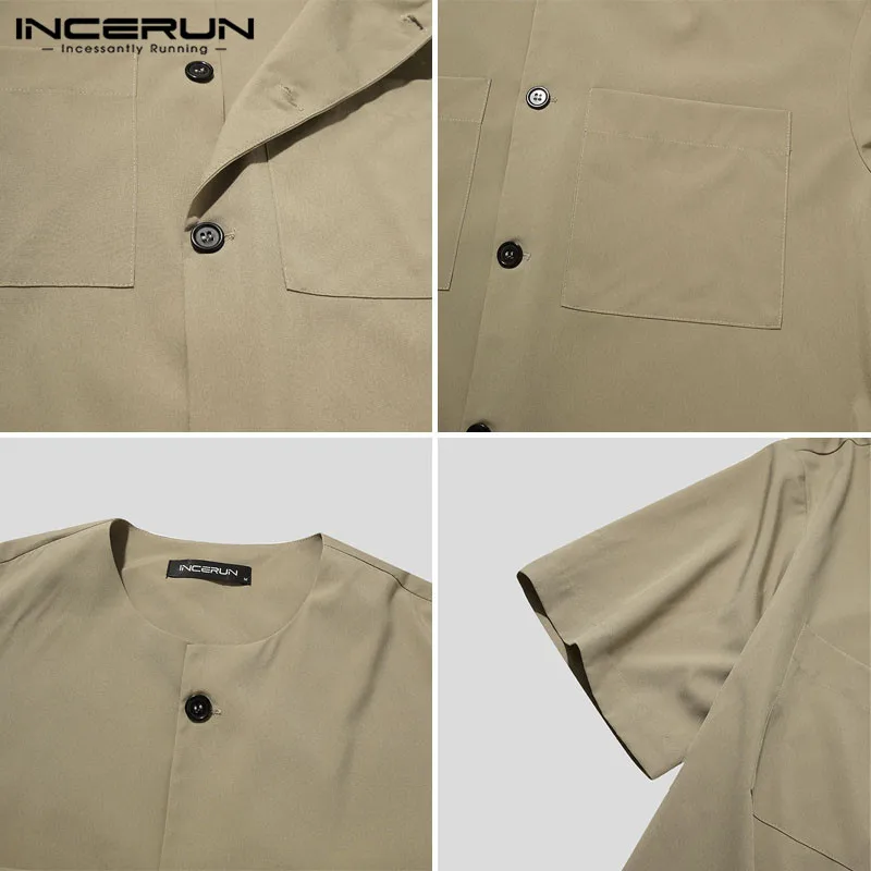 

Summer Multi Pockets Blusas INCERUN Men Casual Solid Color Shirts Short Sleeve Round Neck Blouse Korean Style Man Buttons Camisa