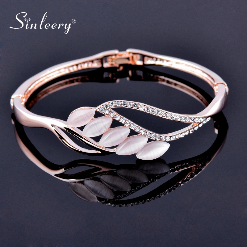 

SINLEERY Charm Opal Stone Leaf Bracelets Rose Yellow Gold Silver Color Inlay Tiny Crystal Bangle For Women Jewelry SL203 SSI
