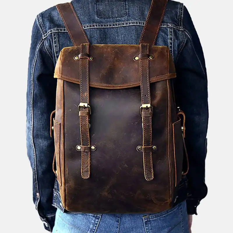 

Retro Men Backpack PU Leather 15.6 inch Laptop Bag Large Capacity Shoulder Bags Business File Organizer for Outdoor Travel Gift