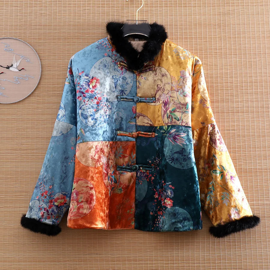 

High-end Winter Women Cotton Coat Top Stitching Rabbit Hair Chinese Style Retro Velvet Print Elegant Lady Coat Warm Female S-XXL