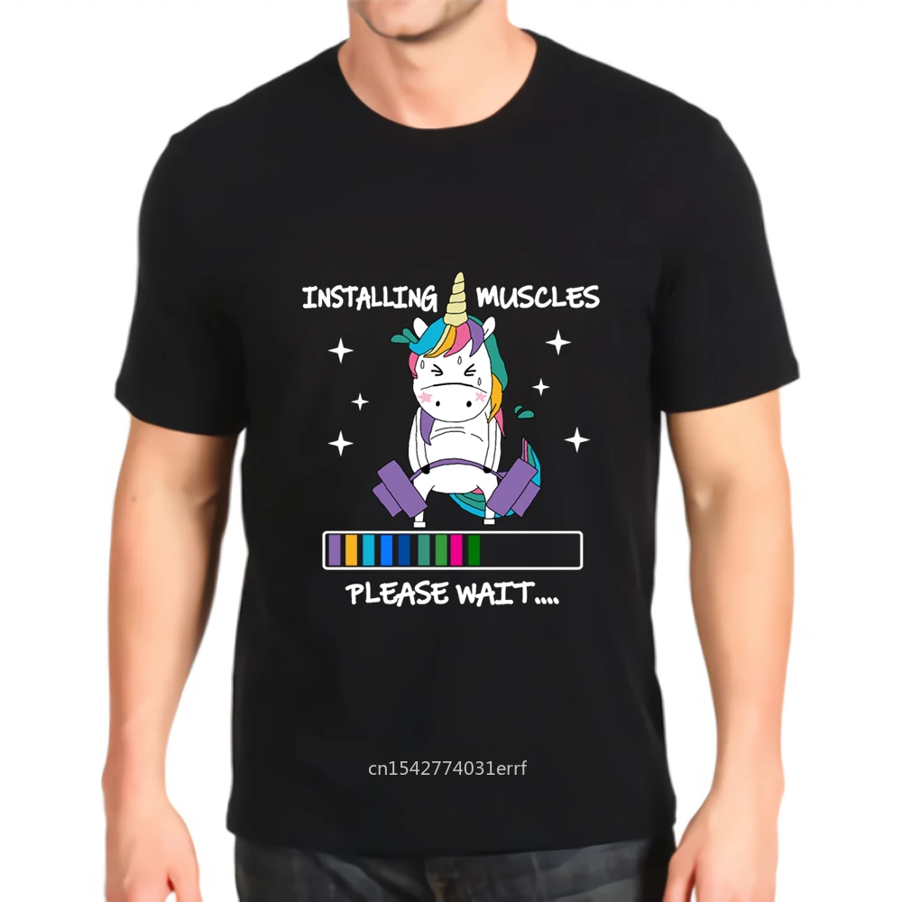 

New Fashion Printed Installing Muscles Please Wait Rainbow Uni corn Top Mens Loose Customization Tees