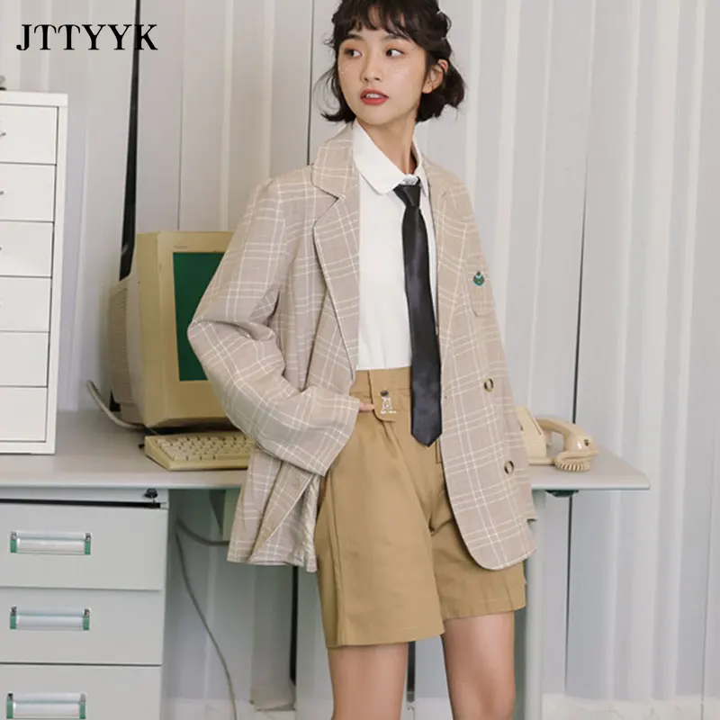 

Plaid Blazer Jackets Ladies Spring 2021 Office Double Breasted Blazer Ladies Casual Khaki Short Jacket Elegant Women's Suit