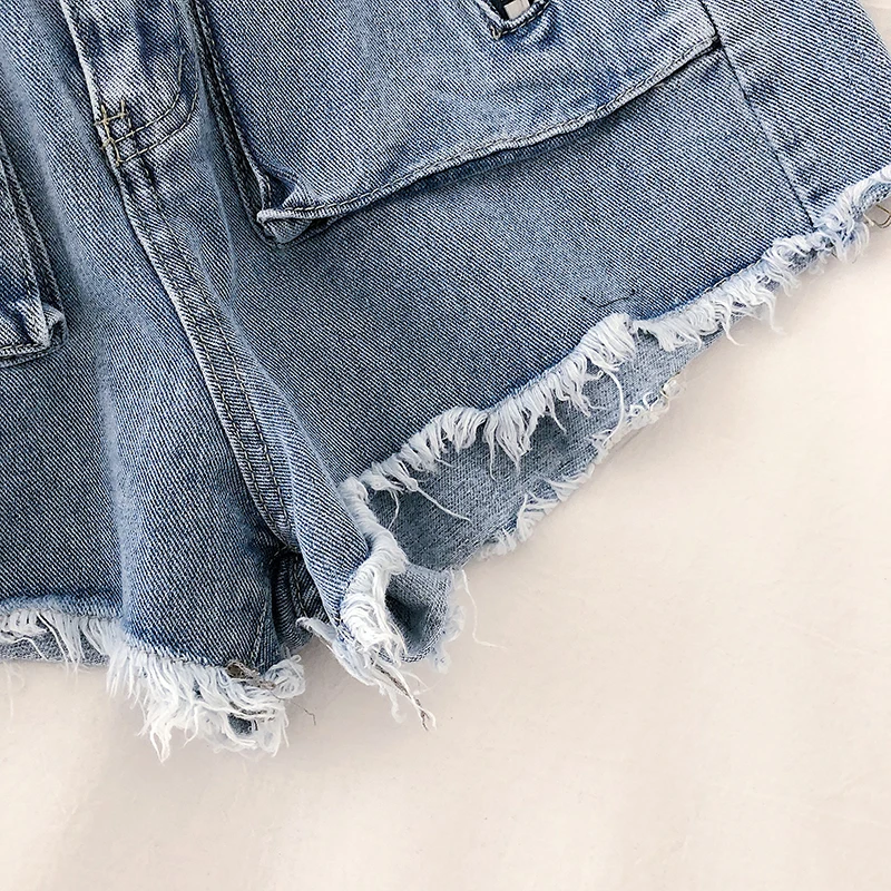 

Women's Denim Shorts Casual Zipper Irregular Hole Light Blue Shorts Ulzzang High Thin Waist Streetwear Free Belt Dropship