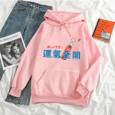 

All lucky comes Japanese Fashion Women Hoodies Kawaii New winter women Sweetshirts Loose warm Pulloves Hot couple colorful Hoody