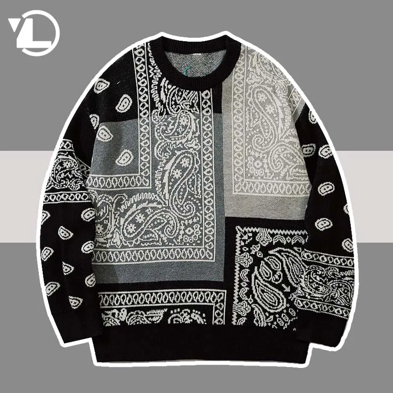 

Винтажный вязаный свитер с принтом пейсли, мужской свитер в стиле хип-хоп, в стиле Харадзюку, в стиле панк-рок, готический пуловер, женский зи...