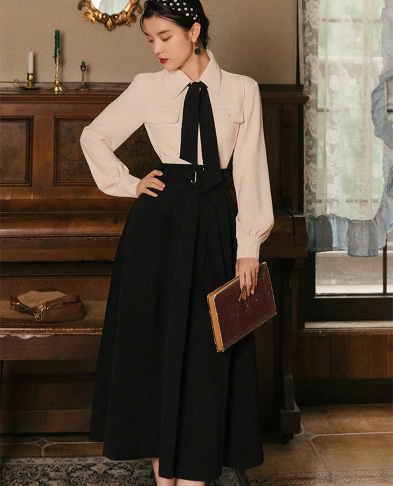 

Elegant Fashion Office Lady Outfits Korean Design Apricot Lantern Sleeve Shirt Tops & Black Midi Skirt 2 Piece Sets Women Suits