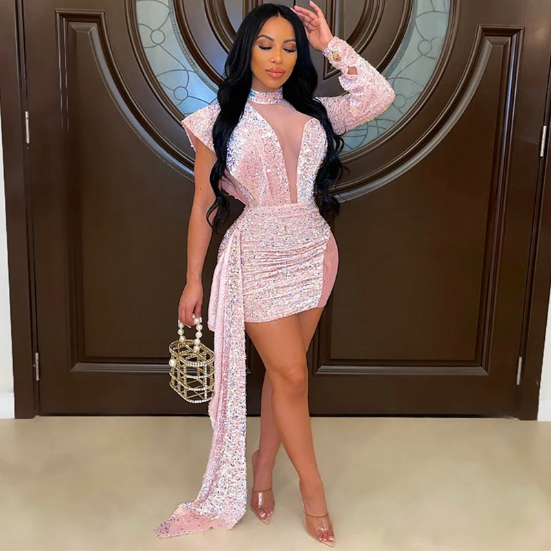 

Pink Sequin Sparkle Evening Dresses For Women Sheer Mesh Patchwork See Through Package Hip Midi Dress Irregular Bodycon