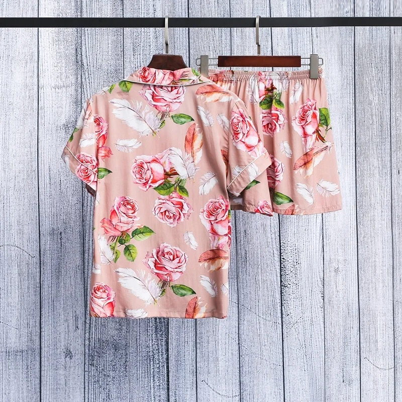 Cotton Pajamas Set Women Floral Pyjamas Sets Womens Ladies Pijamas Set Silky Summer Lounge Wear Pajamas Short Sleeve Pj Set