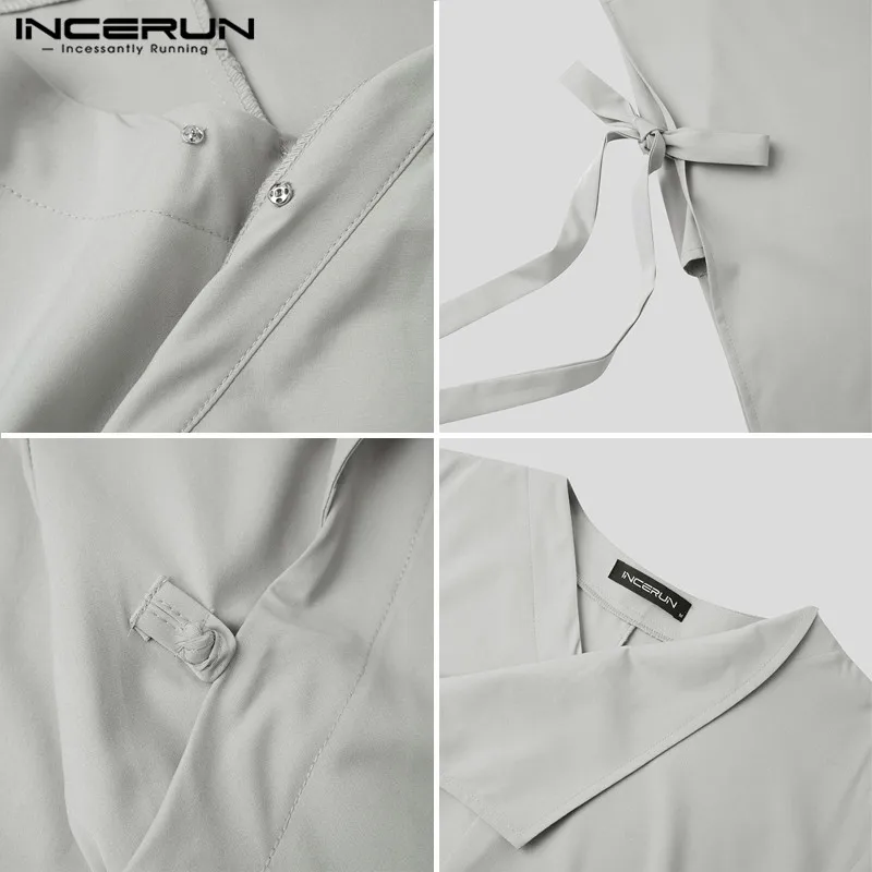 

INCERUN Chinese Style Men Robes Solid Retro Long Sleeve V Neck Long Tops Vintage Casual Traditional Robes Mens Clothing S-5XL