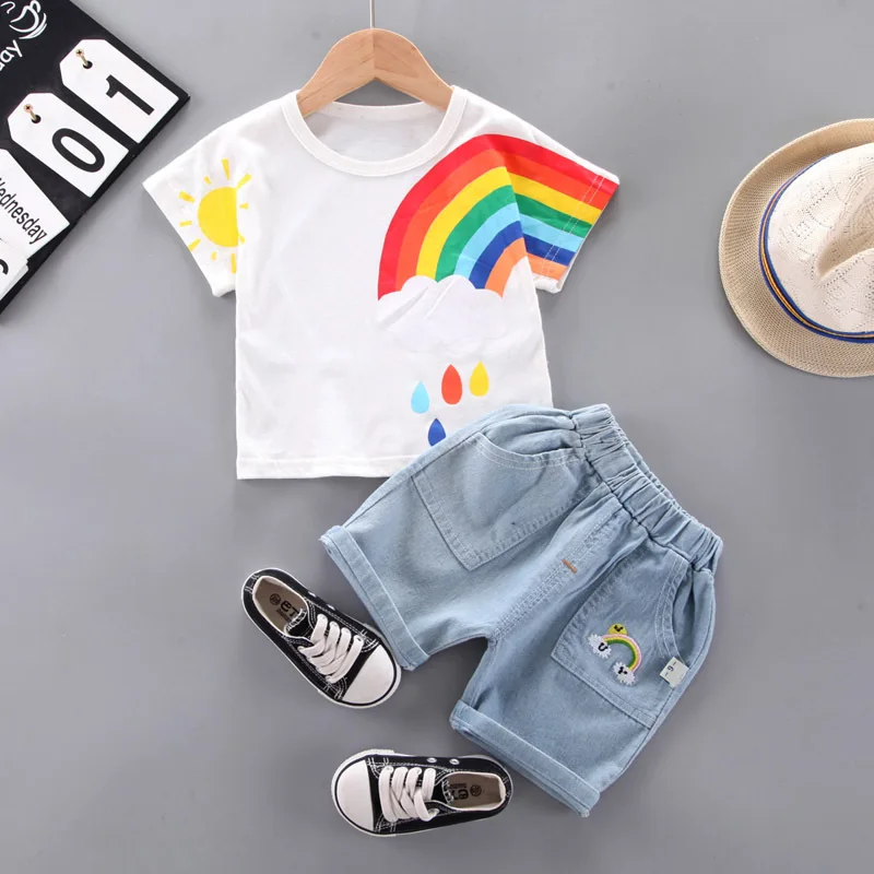 

Summer Fashion Boys Short Sleeve Cartoon Print Tops Shirts Solid Denim Shorts Toddler Kids Baby Boys Cothes Sets 2pcs 9M-4Y