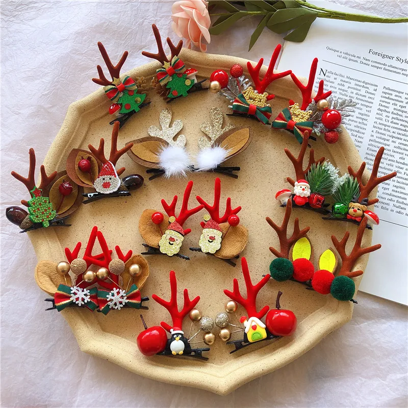 

2Pcs/Lot 2021 New Christmas Ornaments Hair Clips Cute Cartoon Headdress Bow Barrettes Snowman Santa Claus Girls Hair Accessories