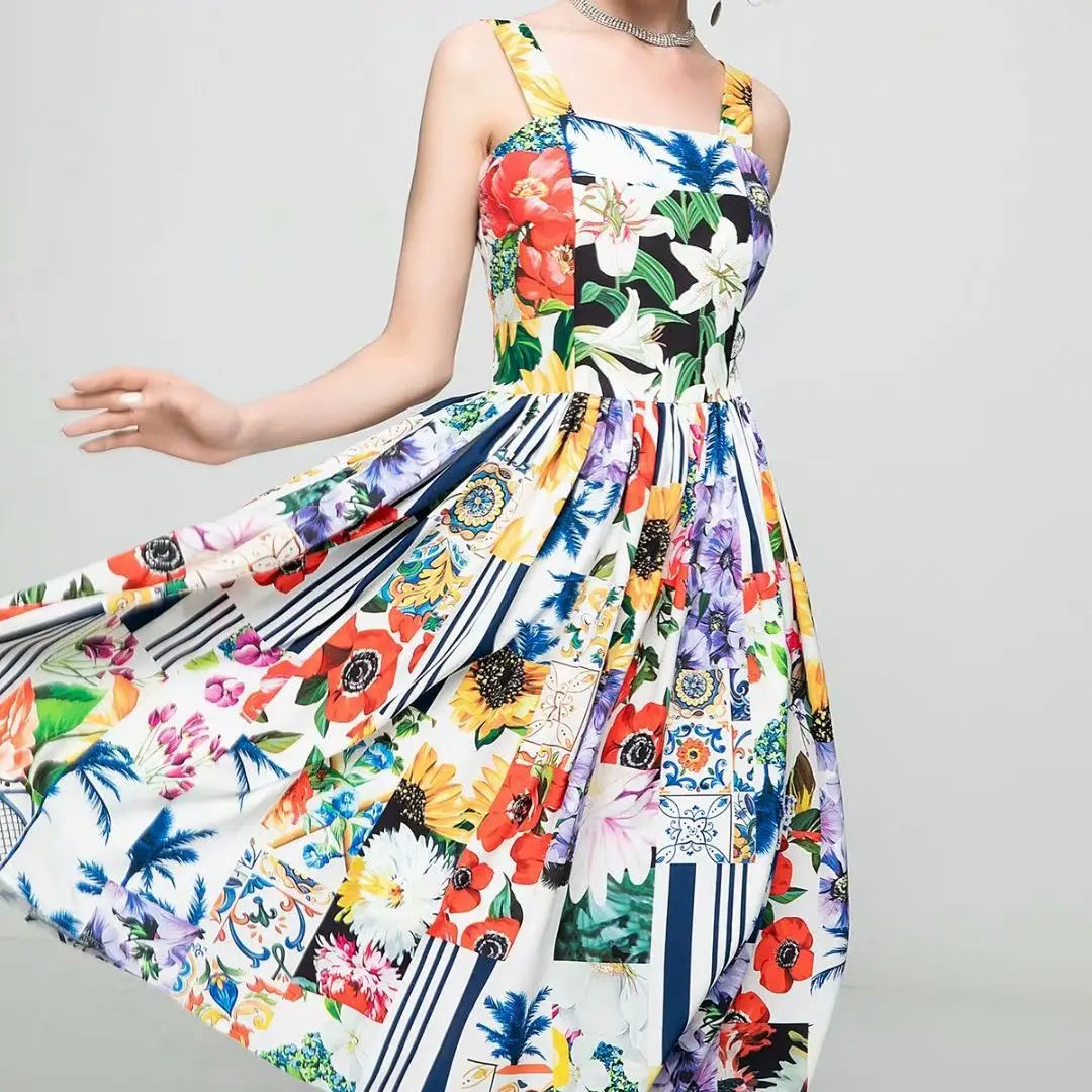 

2021 Spring/Summer New Women's Printed Big Swing Floral Dress Slim and Thin Sling Dress Fashion Retro Casual Seaside Holiday