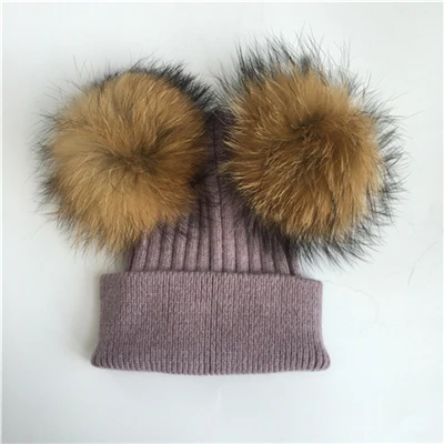 Purple natural fur Женская зимняя шапка с двойным меховым помпоном, женский шерстяной съемный меховой вязаный шарик, Шапка-бини с 2 натуральными цветными помпонами из меха енота - Цвет: Purple natural fur