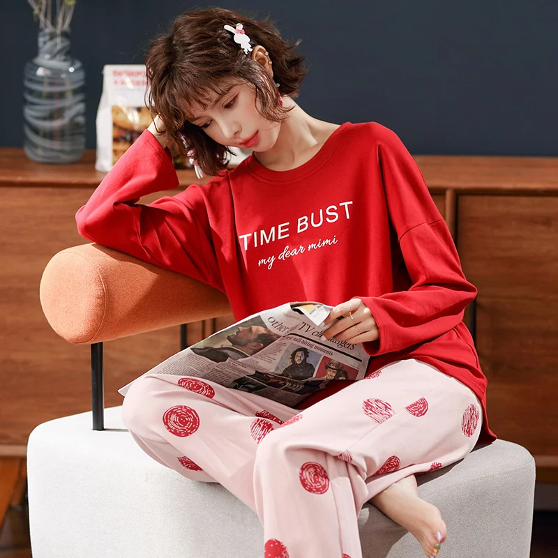 Большие размеры M 4XL осенне зимние женские хлопковые пижамы с длинными рукавами