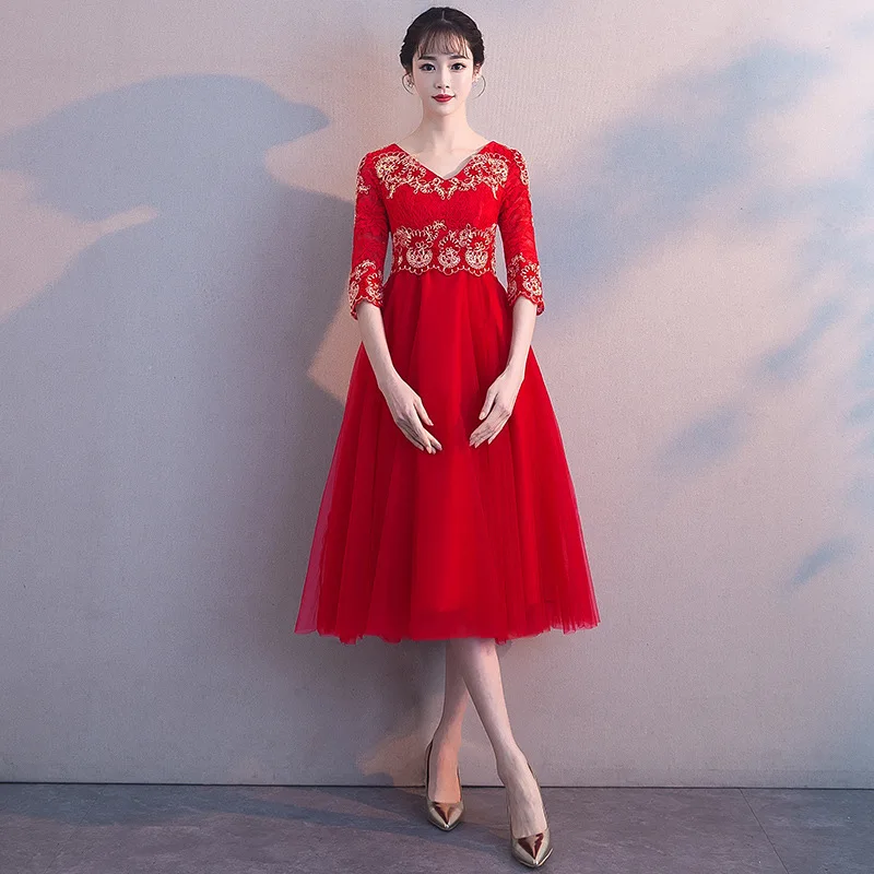 Бордовое платье в китайском традиционном стиле из пряжи для свадьбы подружки