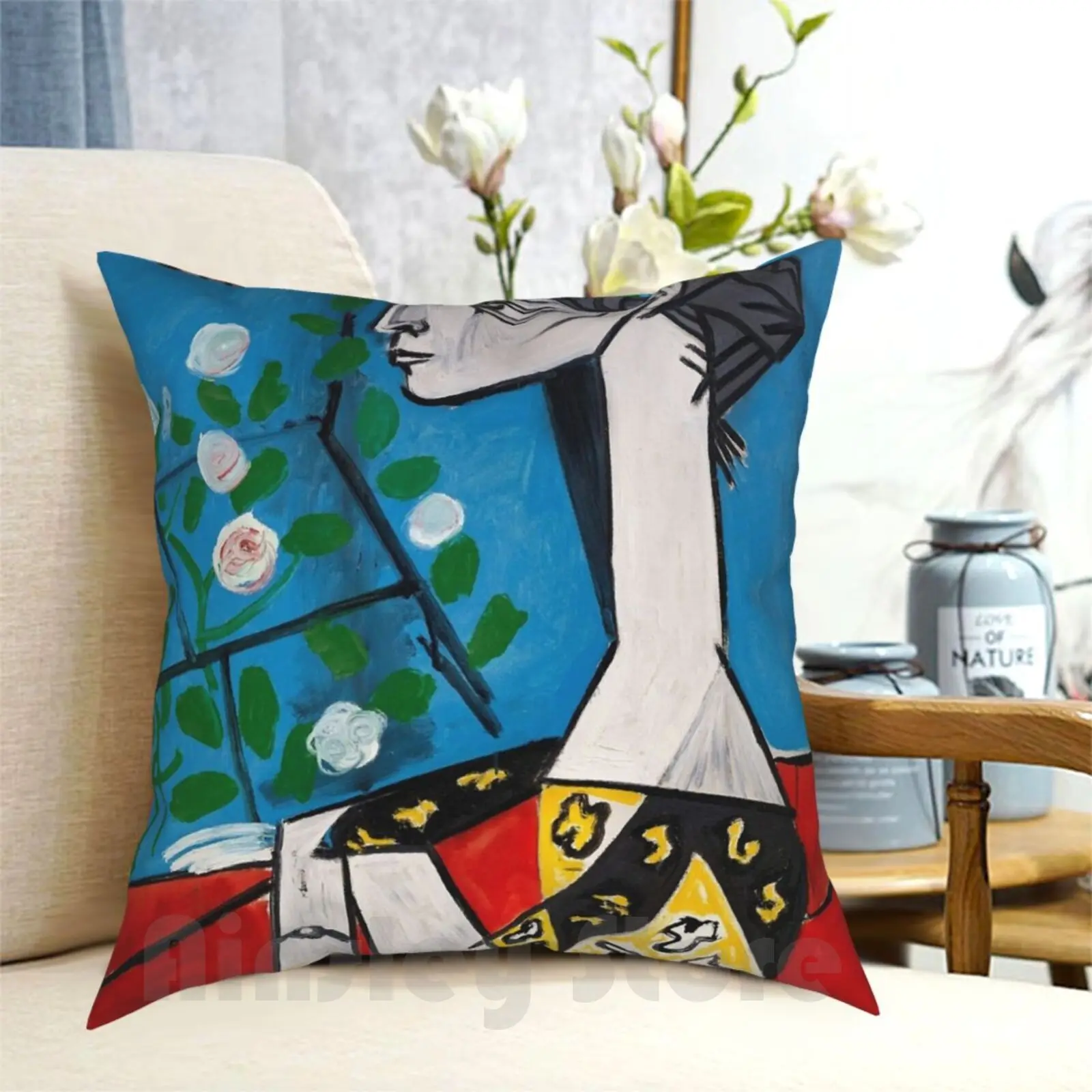 

Pablo Picasso Portrait Jacqueline With Flowers Wall Art Red And Blue Pillow Case Printed Home Soft Throw Pillow Pablo