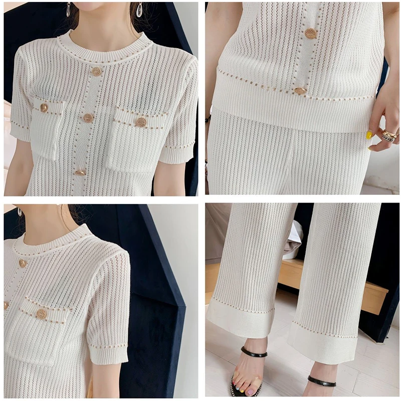 

Elegant Short Knitted Two Peice Suit Women Casual Loose Two piece wide leg pants Luxury button Breathable soft sweatsuits