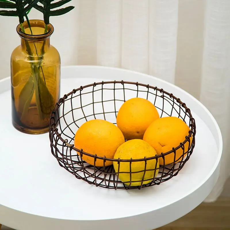 

Iron Art Retro Hand-woven Storage Basket Fruit Basket Desktop Sueds Storage Basket Baking Bread Basket Dessert Straw Basket
