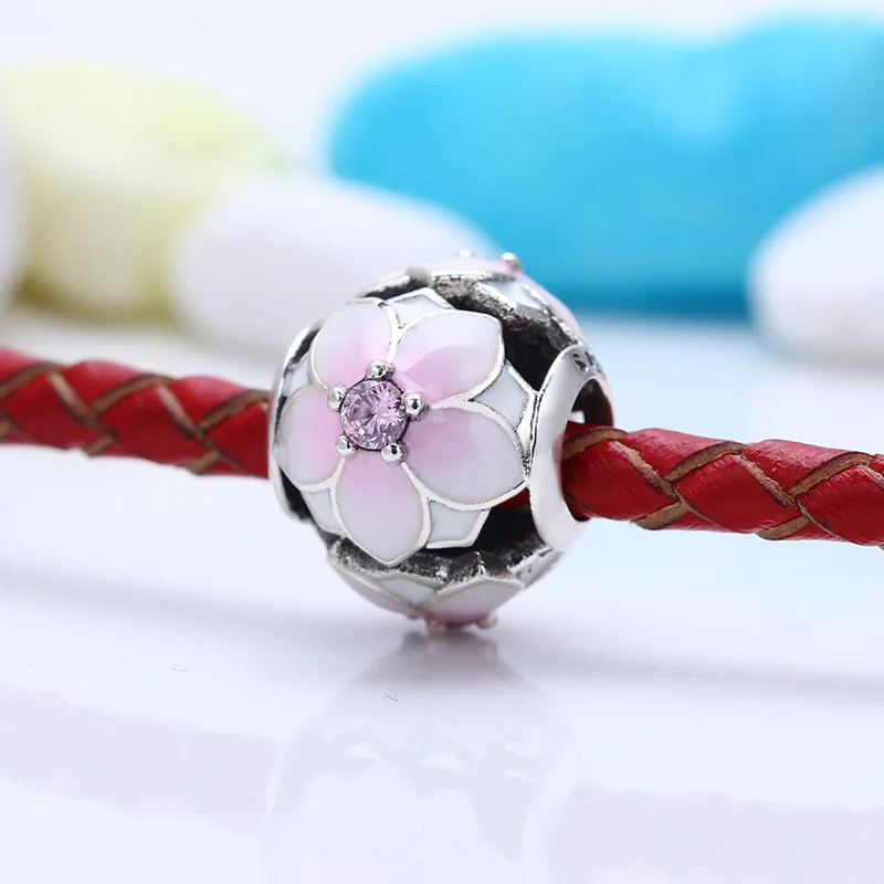 Бусина из серебра 925 пробы с цветами магнолии и эмалью подходит для браслетов