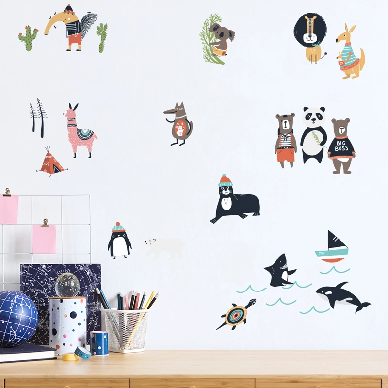 

2021 DIY Creative Zoo Animal Wall Sticker Nordic Style Kids Room Nursery Home Poster Monkey Eagle Fox Wall Decals Decorative