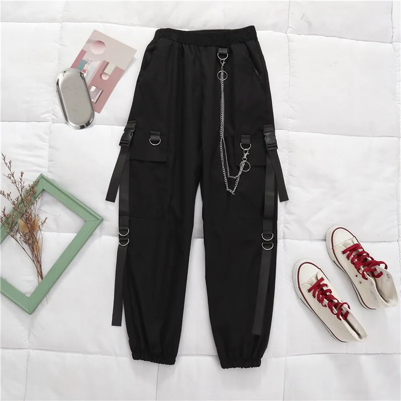

2021 Summer Women's Cargo Pants Suit Buckle Chain Ribbon Pockets High Waist Elastic Harajuku 2 Pieces Set Trousers Outfit #TZ22