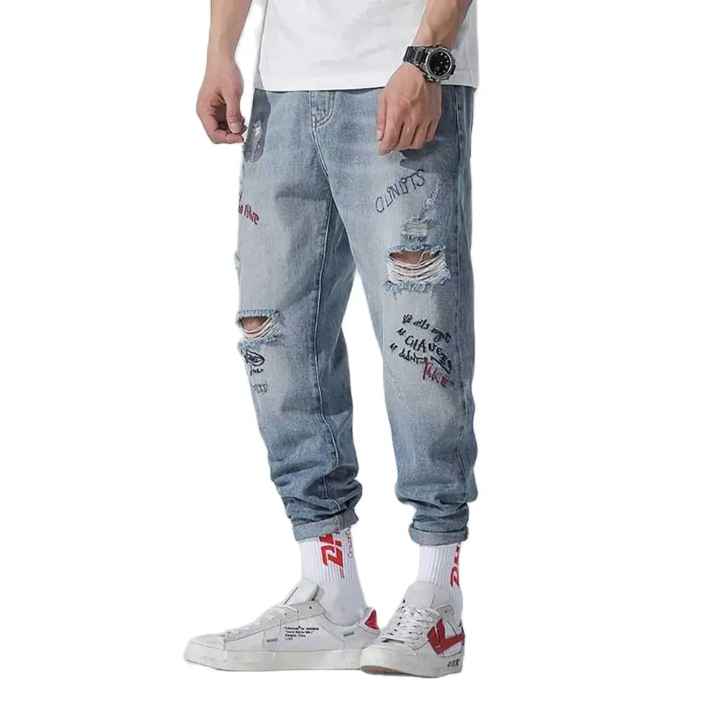 Хип хоп рваные джинсы Мужская брендовая винтажная одежда шаровары Свободные