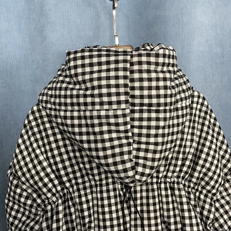 Winter 2021 New Black White Plaid Down Coat Women's Mid-Length Loose Thick Ehite Duck Down Jacket Fashion Drawstring Tide s1244