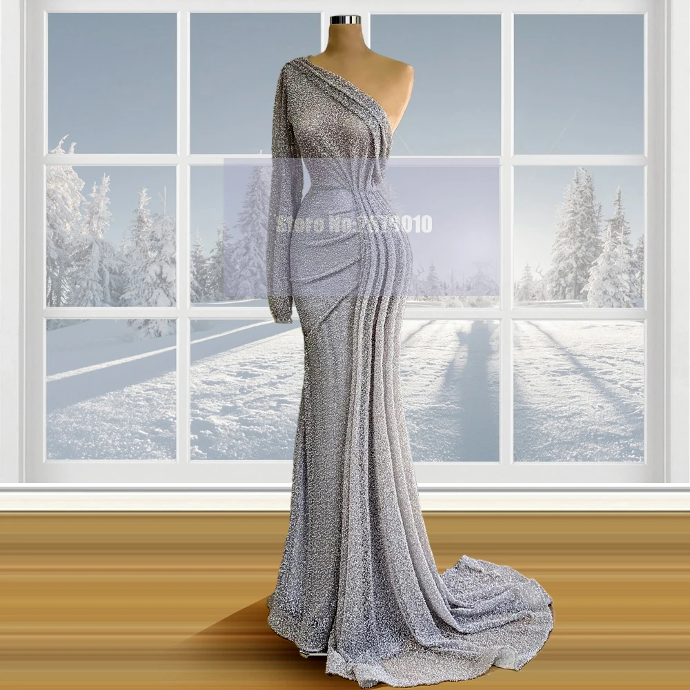 

Новое Серебряное Вечернее Платье Русалочки на одно плечо длиной до пола с длинными рукавами Vestido de festa платье для выпускного вечера платье з...