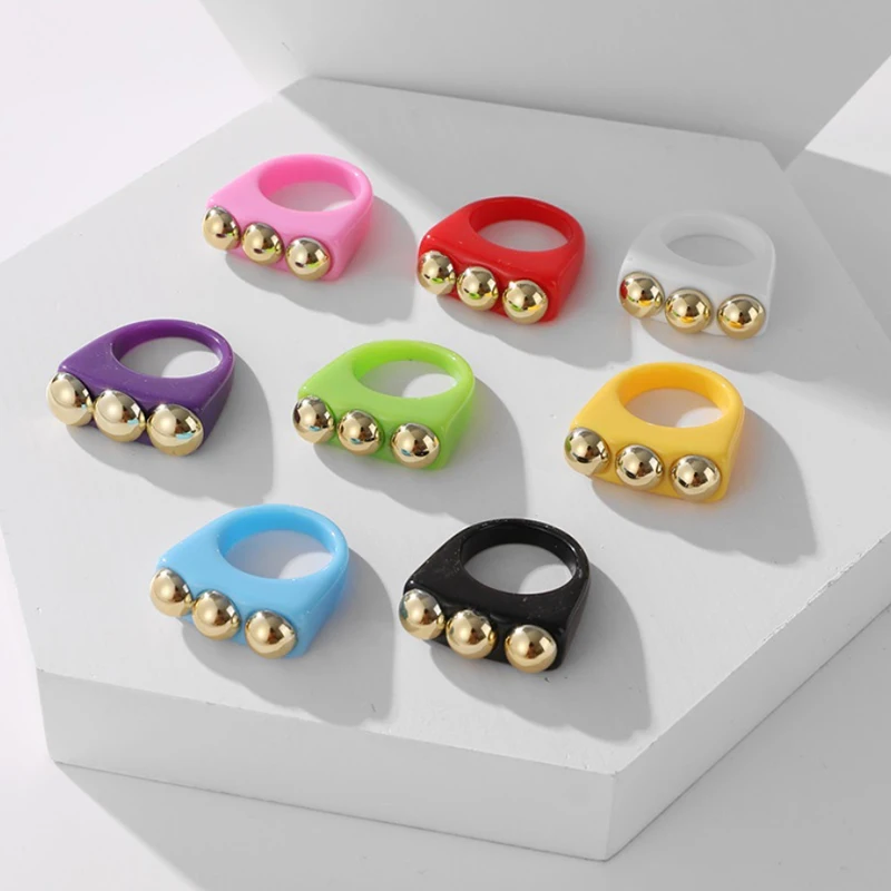 

2021 Trend Korean New Resin Square Geometric Ring Summer Color Candy Golden Personality Joint Ring Women Female