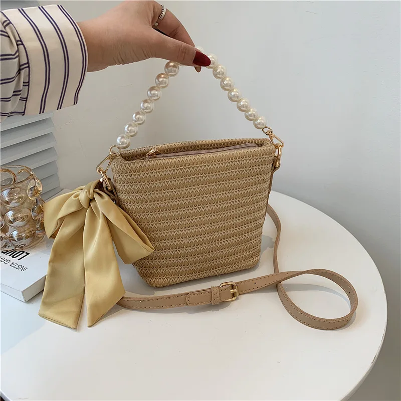 Соломенная Сумка-мешок с жемчугом Плетеный шелковый шарф сумка-мессенджер на