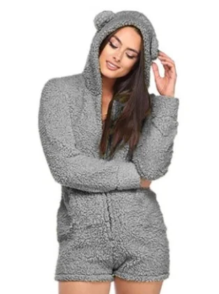 Новый женский с капюшоном длинный рукав Плюшевый комбинезон плюс размер милый