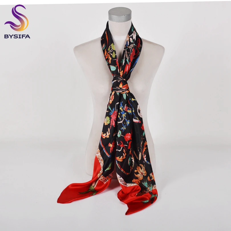 Женский атласный шарф с цветочным рисунком [BYSIFA] красно-черный квадратный