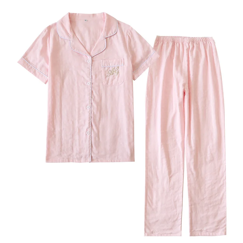 

Japanese spring and summer jacquard 100% cotton gauze female short-sleeved trousers home service suit cotton pure color thin