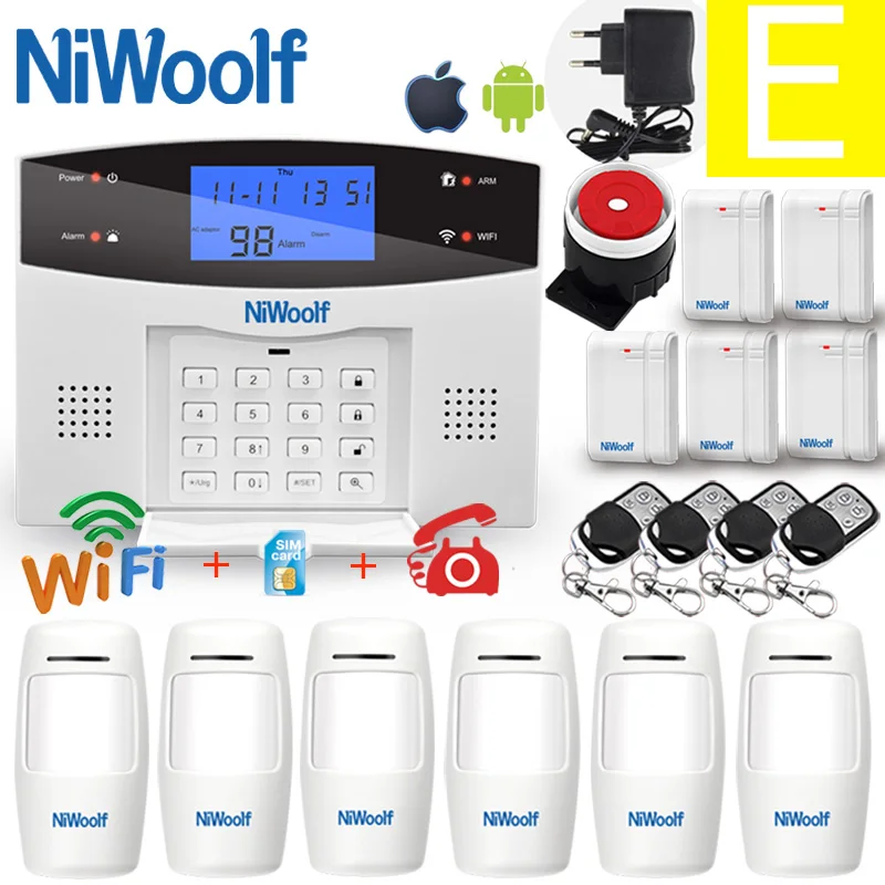 E Wi-Fi GSM домашняя охранная сигнализация Беспроводная и проводной детектор релейный выход смарт-управление Приложение датчик двери пожарный дым Движение Сигнализация - Цвет: E