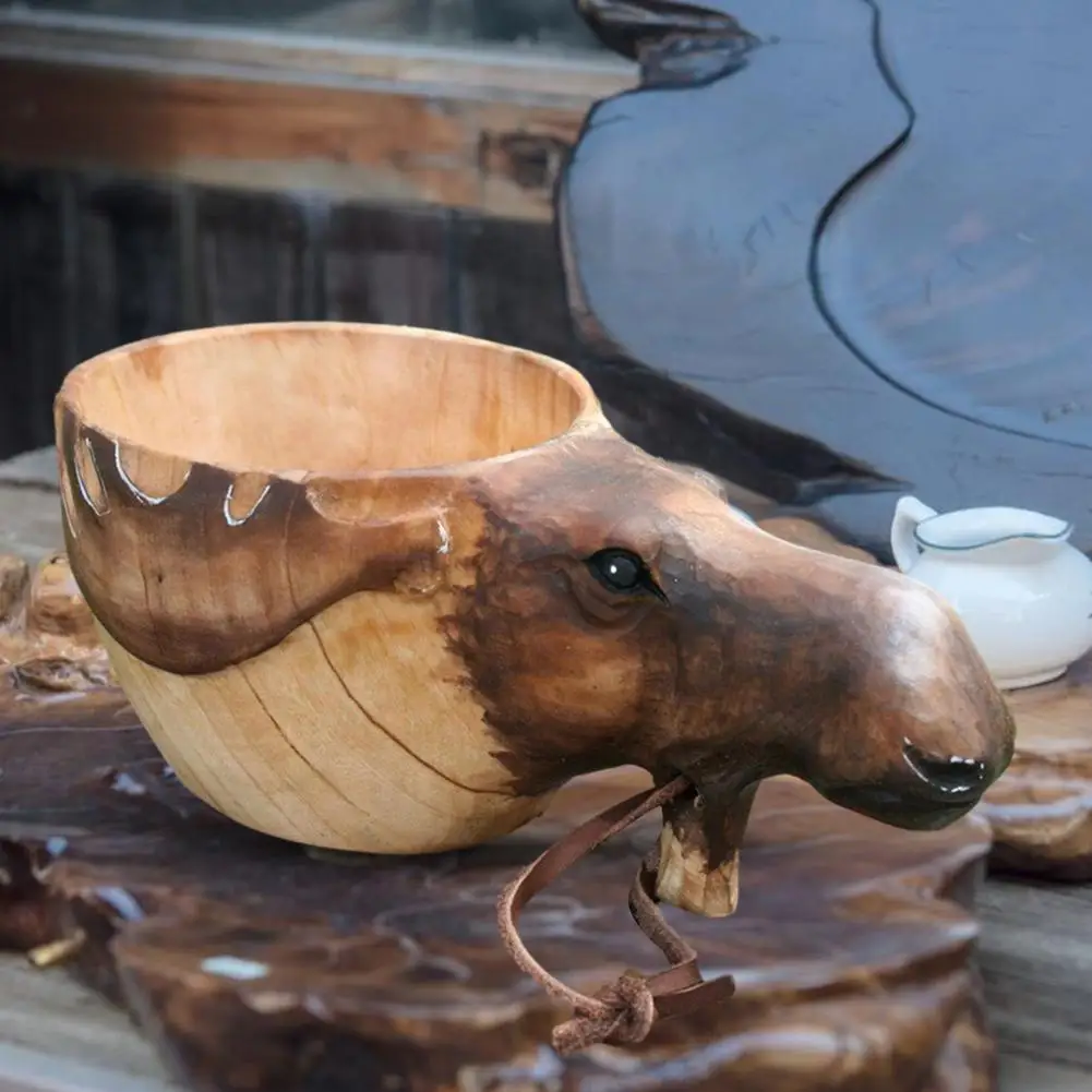 Nordic Creative Portable Kuksa Rubber Wooden Water Cup Hand Carved Animal Head Juice Milk Tea Coffee Drinking With Handle | Дом и сад