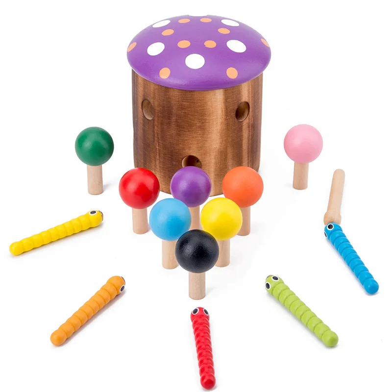 

Wooden Mushroom Catching Worms Game Magnetic Fishing Toy Educational Learning Toys For Kids Toddlers