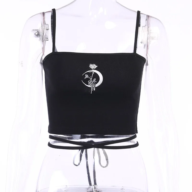 

Gothic Moon and Rose Camis Punk Black Bandage Graphic Embroidery Women Tops Backless Sleeveless Summer Bodycon Top