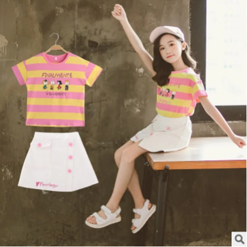 

Girls Skirt Fashion Clothing Set 2021 New Summer Kids Clothes Sets Children's 2 Striped Colors Cute Sets 2 Piece Size6-16 ly321