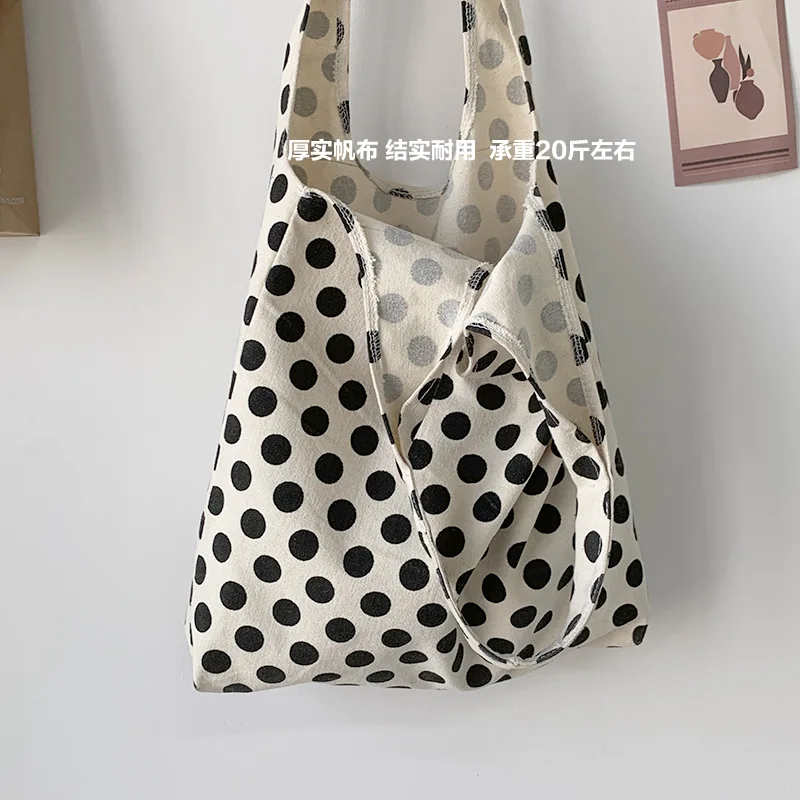 

New Fashion Dot Women Shopping Bags Retro Design Students Class Book Tote Handbag Female Large Capacity Canvas Shoulder Vest Bag
