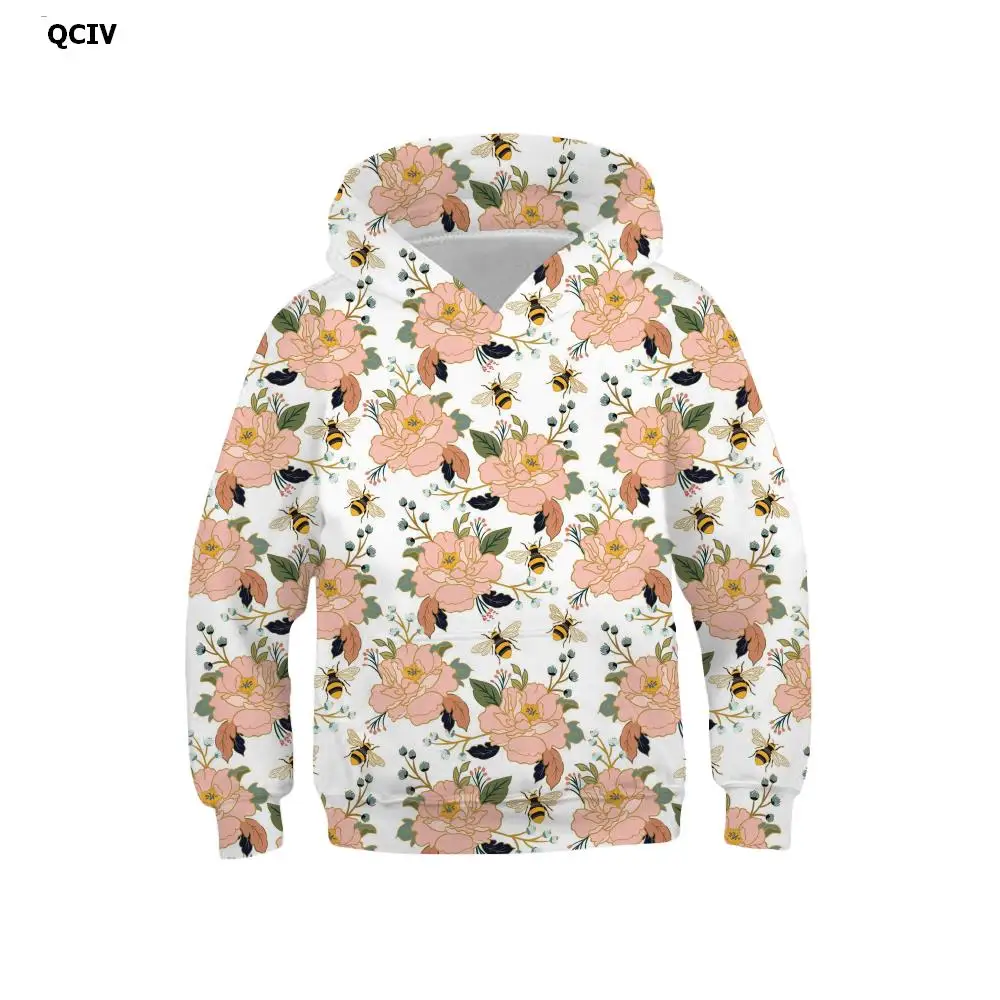 

QCIV Brand Bee Sweatshirts boy Flower Hoodie Print Animal Sweatshirt Printed Harajuku Hoody Anime Long Sleeve Hip Hop Winter