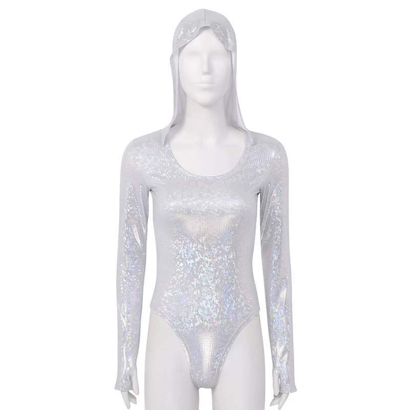 Женское блестящее боди с длинным рукавом и капюшоном| |