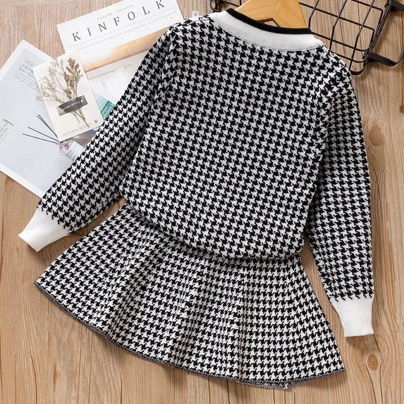 

Baby Girls Fashion 2 Pieces Skirts Suits Girls Houndstooth Knitted Sets Cardigan Jacket And Skirt Suis Boutique Clothing Sets