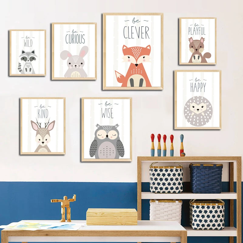 Животные буквы мультфильм кролик сова медведь белка Ежик енот холст картина