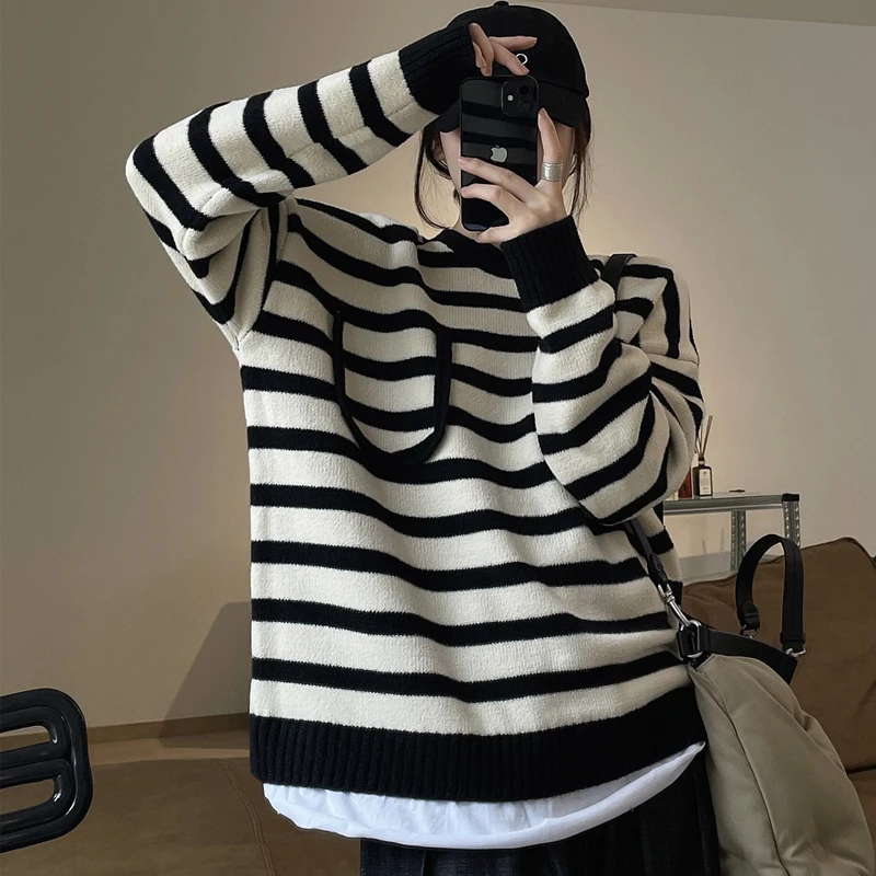 Spring and Autumn Women's Casual Striped Round Neck Long Sleeve Loose Sweater