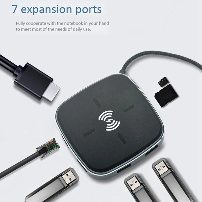

Type-C6 in 1 USB Docking Station, USB3.0 HUB High-Speed Transmission Docking Station, Supports Wireless Fast Charging