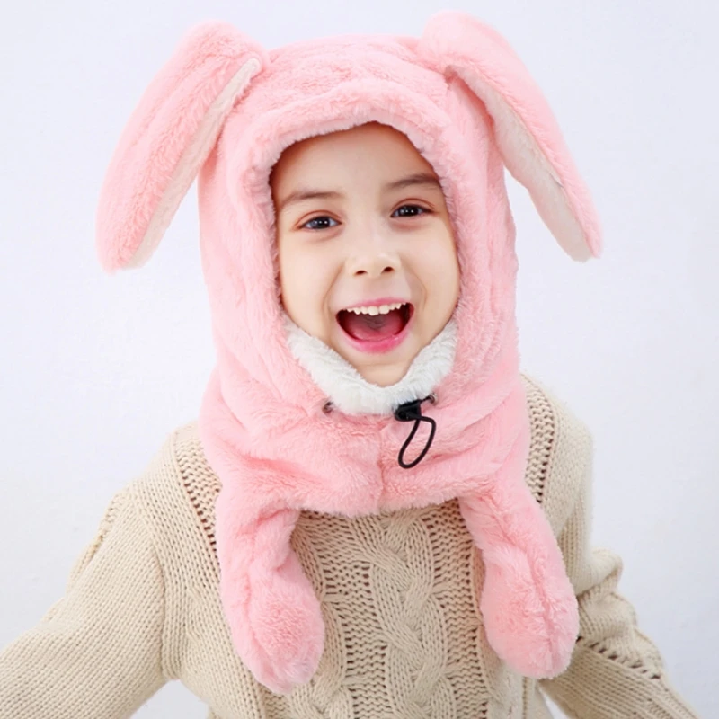

Toddler Kids Warm Fuzzy Plush Balaclava Hood Hat Ski Full Face Mask Neck Warmer with Jumping Rabbit Ears Winter Windproof M7DD